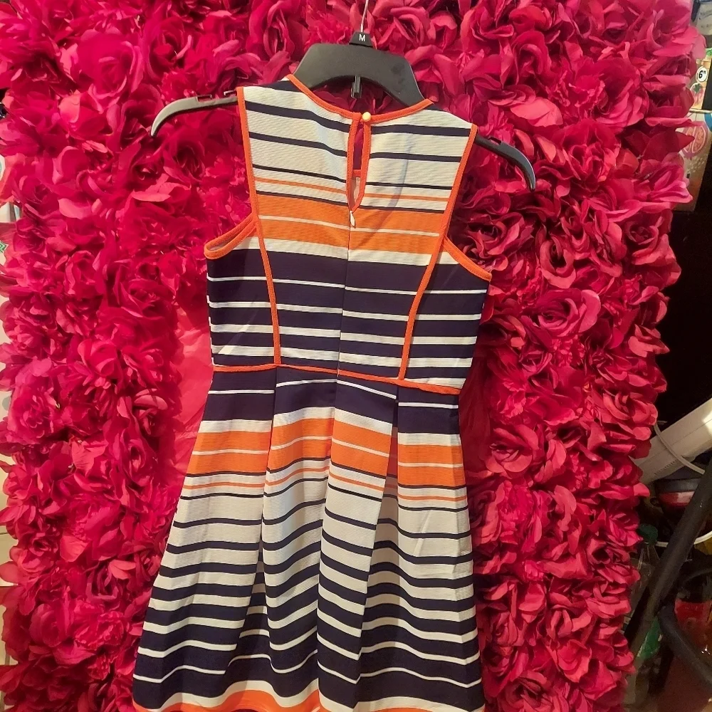 Monteau Girl Size 10/12 Girls Orange, Black and White Horizontal Striped Dress